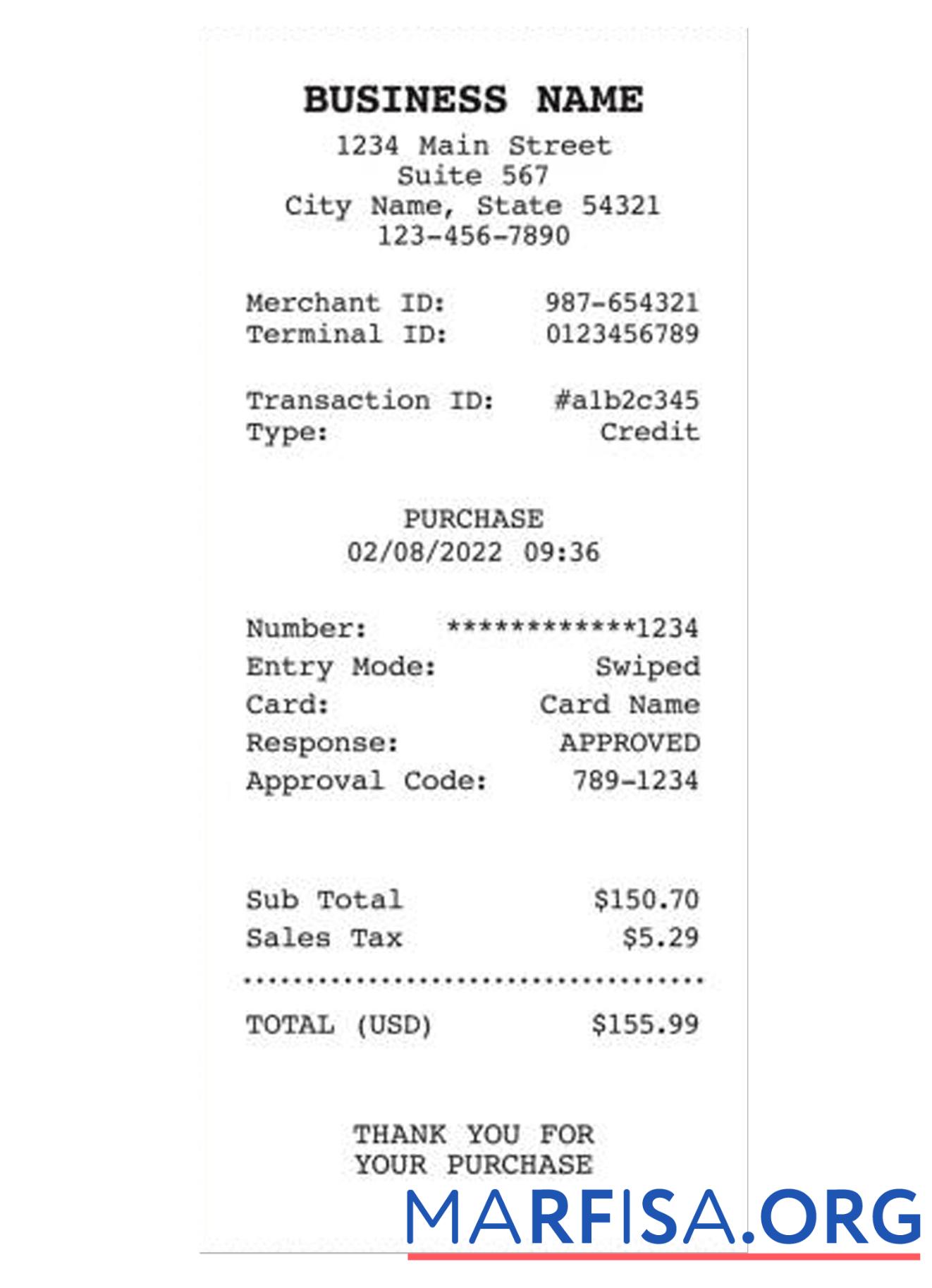 Printable BUSINESS COMPANY receipt version 2 example